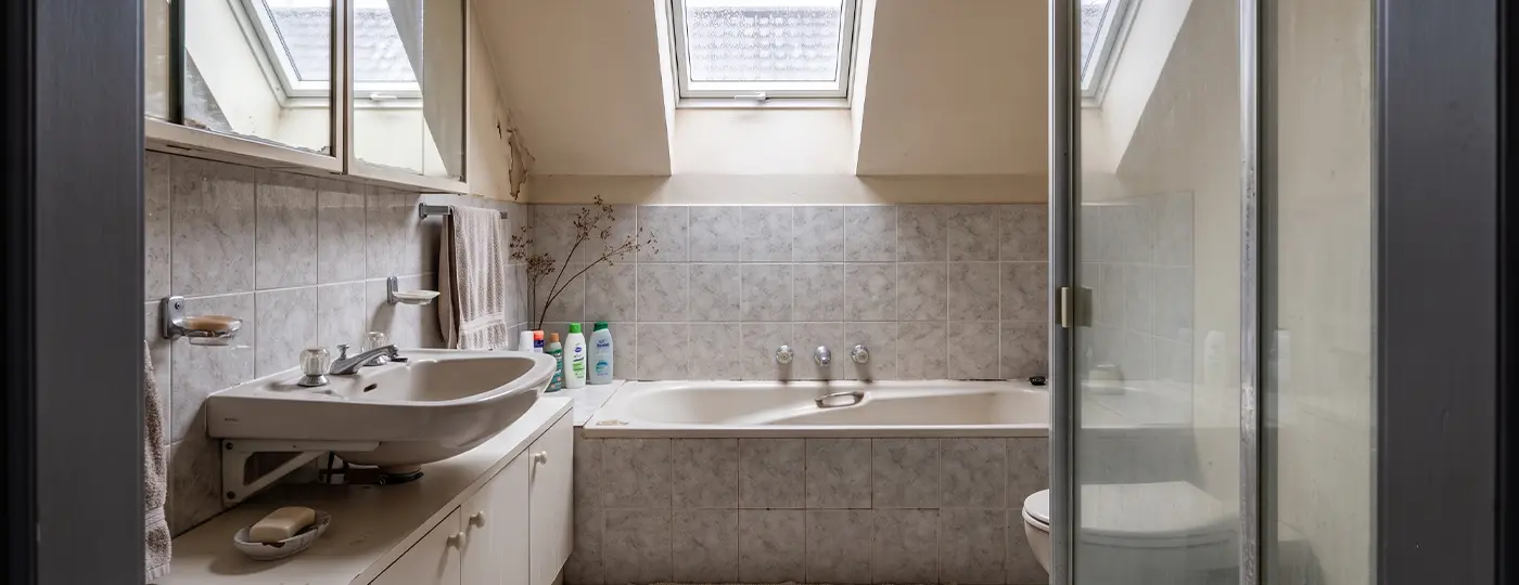 Ein altes Dachbad mit Badewanne und Dachschrägen.