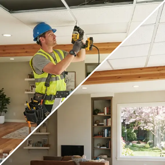 Eine Collage, die die Montage einer abgehängten Decke sowie ein fertiggestelltes Wohnzimmer mit einer modularen Kassettendecke zeigt.