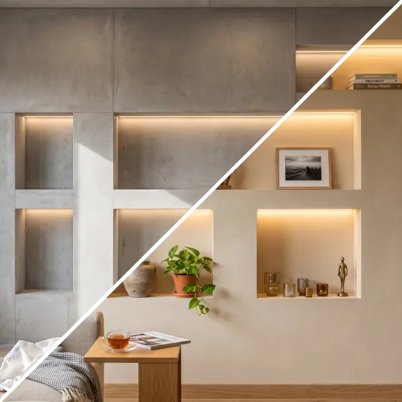 Eine Collage, die verschiedene Wandstrukturen mit integrierten, LED-beleuchteten Dekornischen sowie einen Vorschlag für ein dazu passendes Lichtkonzept präsentiert.