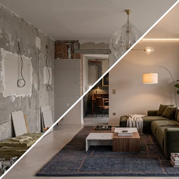 Ein Vergleich des Raums vor und nach der Renovierung: vom Rohzustand mit Beton- und Ziegelwänden hin zu einem modern gestalteten Wohnzimmer mit Ecksofa und eleganter Beleuchtung.