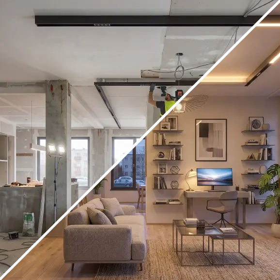 Eine Collage, die die Montage von Lichtprofilen sowie ein fertiggestelltes, modernes Wohnzimmer mit Arbeitsbereich und LED-Beleuchtung zeigt.