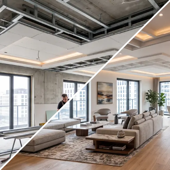 Eine Collage, die die Montage der Unterkonstruktion einer abgehängten Decke sowie ein fertiggestelltes, elegantes Wohnzimmer mit einer mehrstufigen, beleuchteten LED-Decke zeigt.