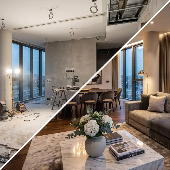 Vergleich einer modernen Wohnung vor und nach der Renovierung