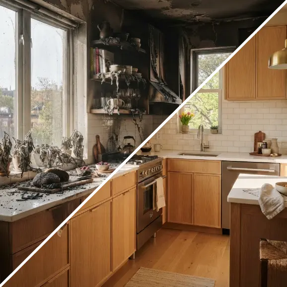 Eine Collage, die die Küche vor und nach der Renovierung – nach einem Brand – sowie den sanierten, hellen Raum zeigt.