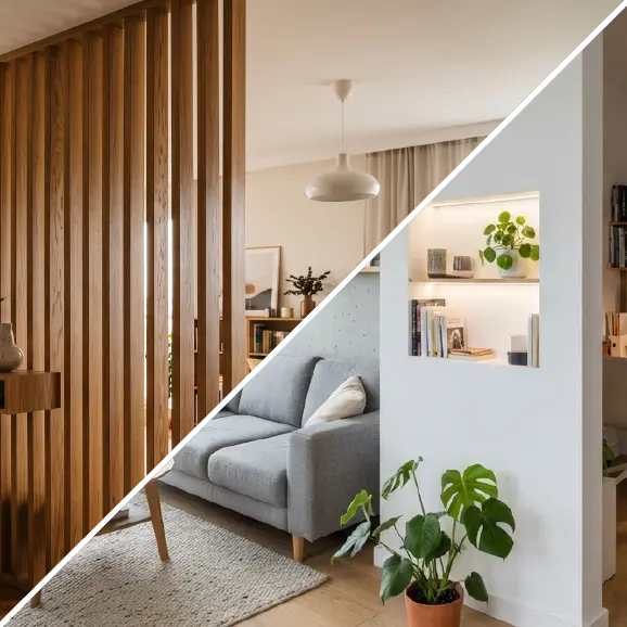 Moderne Trennwände: Holzlamellen und eine Trennwand mit beleuchteter Nische.