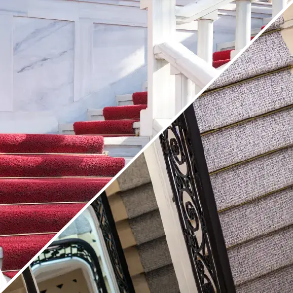 Eine Collage mit eleganten Treppen und Teppichläufern.