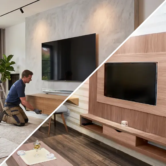 Montage eines modernen TV-Schranks und eines vorgefertigten Einbaumöbels.