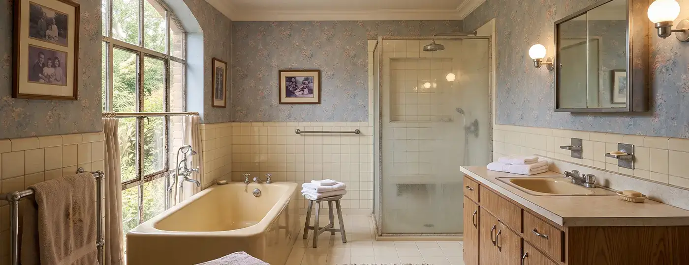 Ein traditionelles, etwas in die Jahre gekommenes Badezimmer mit einer gelblichen Badewanne vor einem großen Bogenfenster, Wänden mit Blumentapete und einem Waschtisch aus Holz.