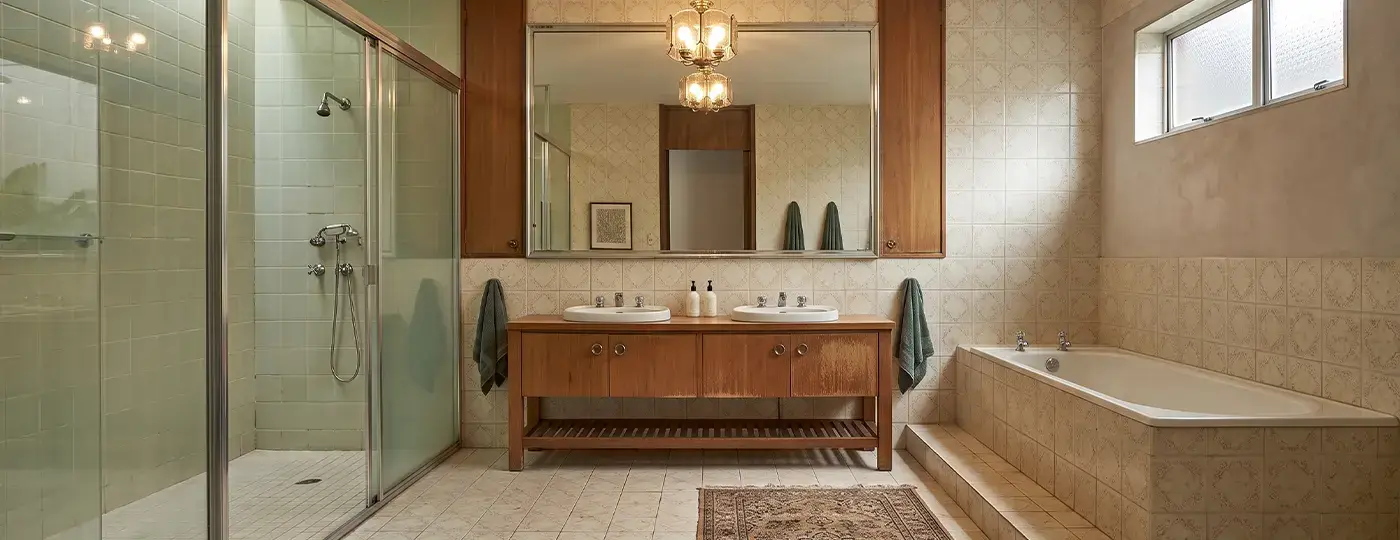 Ein geräumiges Badezimmer im Retro-Stil mit einer großen Glasduschkabine, einer Einbau-Badewanne und einem Waschtisch aus Holz mit zwei Waschbecken.
