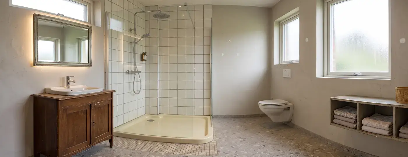 Ein helles Badezimmer im klassischen Stil mit großer Duschwanne, begehbarer Glasduschwand, beleuchtetem Spiegel und einem Holzschrank im Retro-Stil.