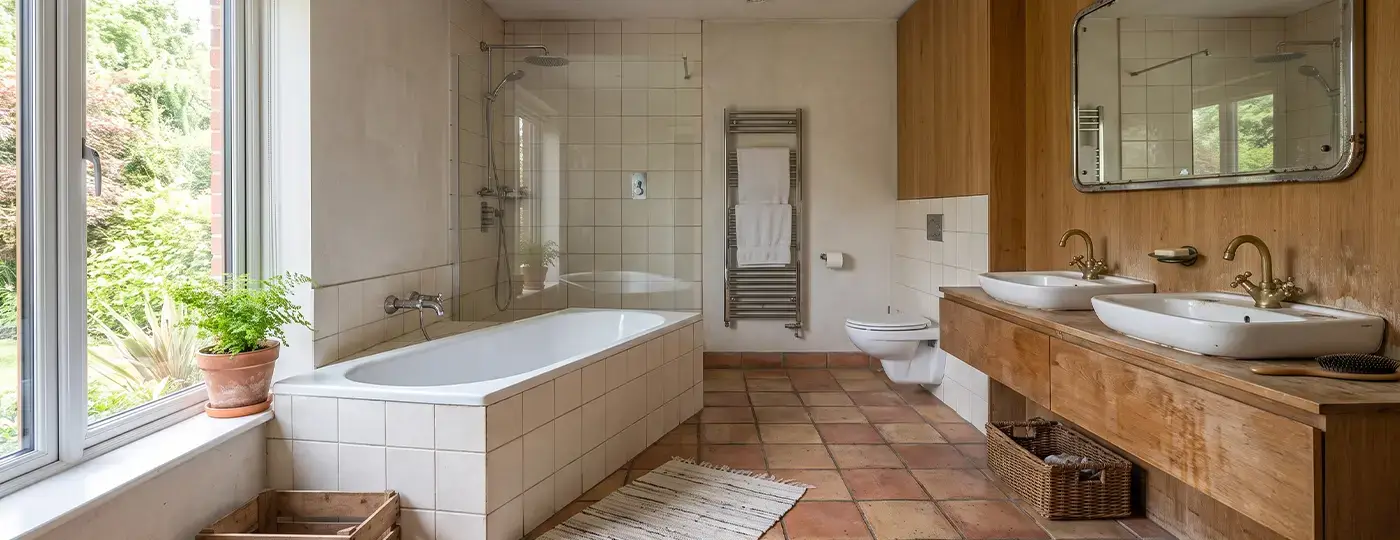 Geräumiges Badezimmer vor der Renovierung mit Einbadewanne und Glasabtrennung, einem Waschtisch aus Holz mit zwei Waschbecken sowie Terrakottaboden.