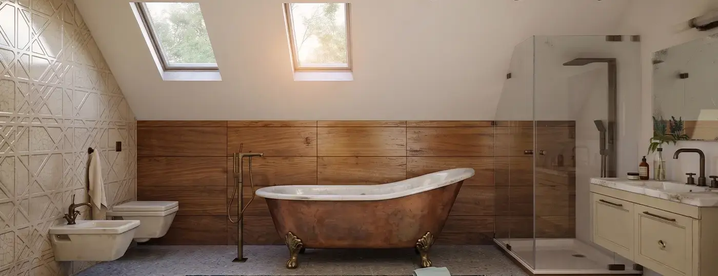 Ein Dachbad mit einer Kupferbadewanne auf Klauenfüßen, holzverkleideten Wänden und zwei Dachfenstern.