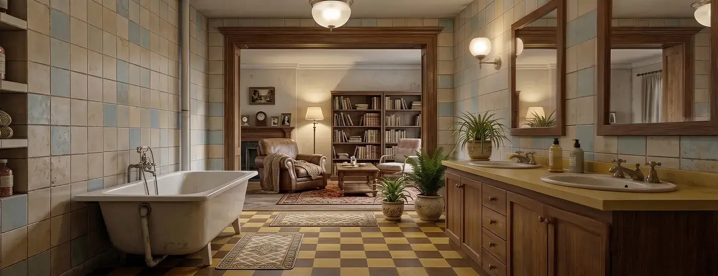 Ein Badezimmer im Vintage-Stil mit Retro-Fliesen, einer freistehenden Badewanne und einem hölzernen Doppelwaschtisch, offen zum Wohnzimmer hin gestaltet.