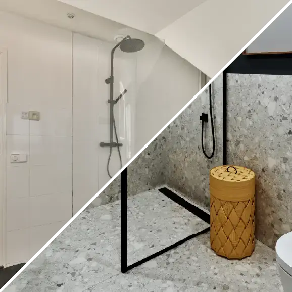 Eine Collage, die bodengleiche Walk-in-Duschen mit schwarzen Armaturen, Glaswänden und modernen Wandgestaltungen zeigt.