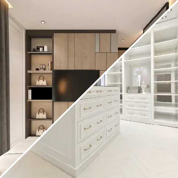 Ein diagonaler Vergleich zweier moderner, maßgefertigter Kleiderschrank-Designs.