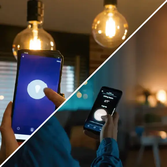 Eine Collage, die die Steuerung der Smart-Home-Beleuchtung über eine Smartphone-App zeigt.