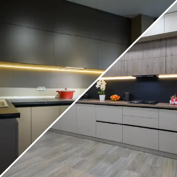 Eine zweiteilige Präsentation moderner Küchen mit LED-Unterbaubeleuchtung.