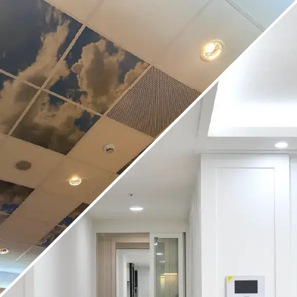 Eine Kombination aus zwei Lichtdecken – einer modularen Variante mit Himmelsmotiv und einer modernen weißen Ausführung – in einem hellen Innenraum.