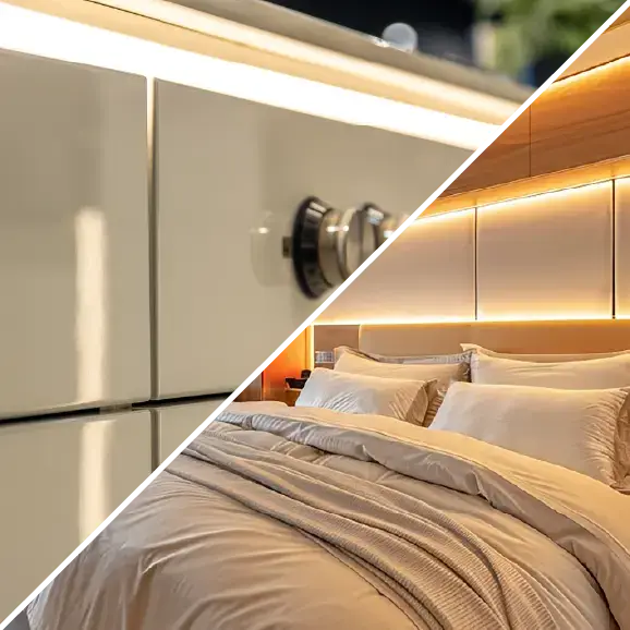 Ein Vergleich moderner LED-Beleuchtung in Küchen- und Schlafzimmermöbeln.