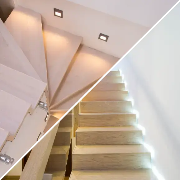 Ein Vergleich zweier Arten moderner LED-Beleuchtung für Holztreppen.