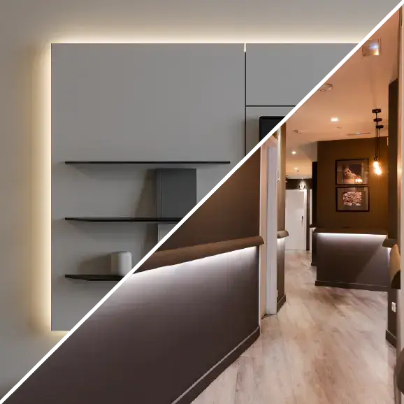 Eine Montage von Innenansichten, die verdeckte LED-Profile an der Wand und entlang des Flurs zeigt.