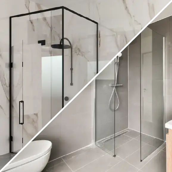 Eine Collage, die moderne Walk-in-Duschabtrennungen mit schwarzen und verchromten Profilen sowie Glaselementen zeigt.