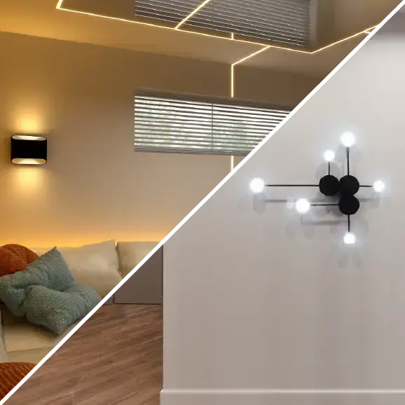 Eine Collage, die verschiedene Arten moderner Wand- und Deckenbeleuchtung zeigt.