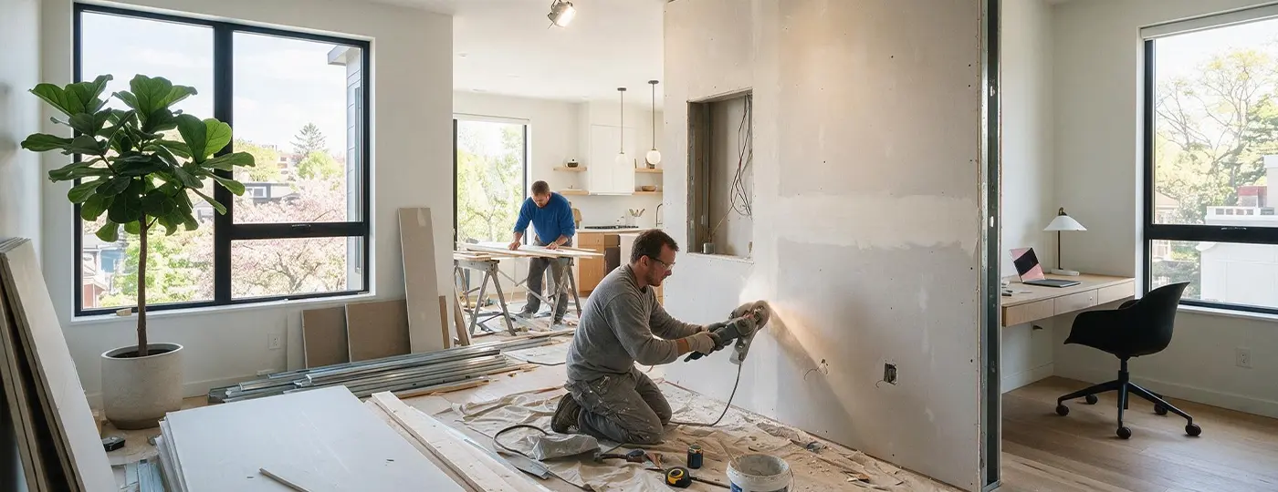 Arbeiter beim Bau einer Trennwand in einer modernen Wohnung.