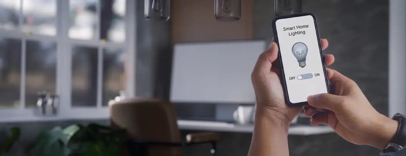 Hände halten ein Smartphone, das einen Lichtschalter in einer Smart-Home-App anzeigt; im Hintergrund ist eine Büroumgebung zu sehen.
