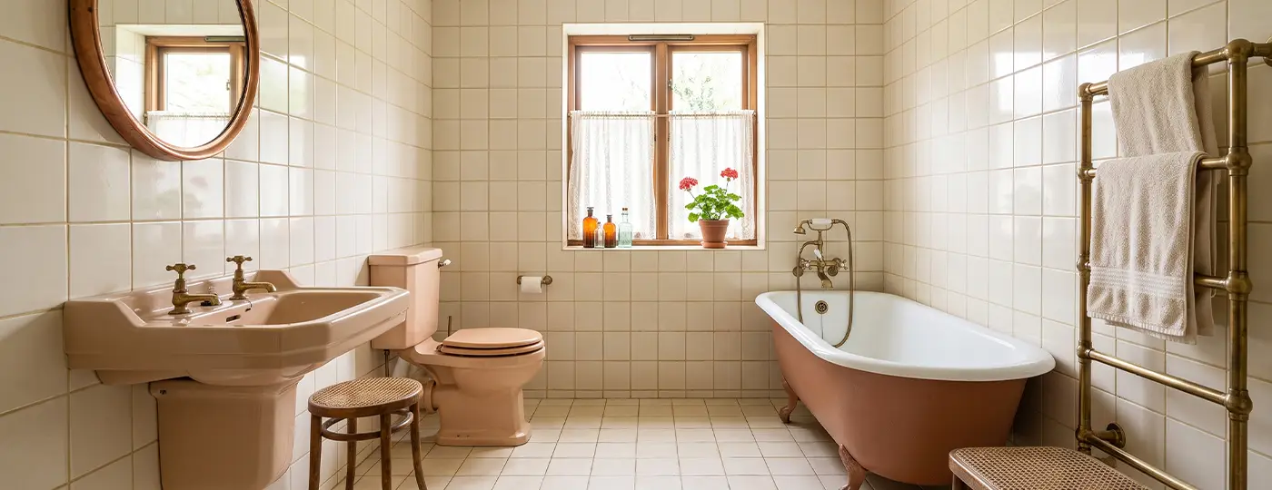 Ein Badezimmer im Retro-Stil mit lachsfarbenen Sanitärobjekten, einer freistehenden Badewanne auf Löwenfüßen, Messingarmaturen und einem runden Spiegel.