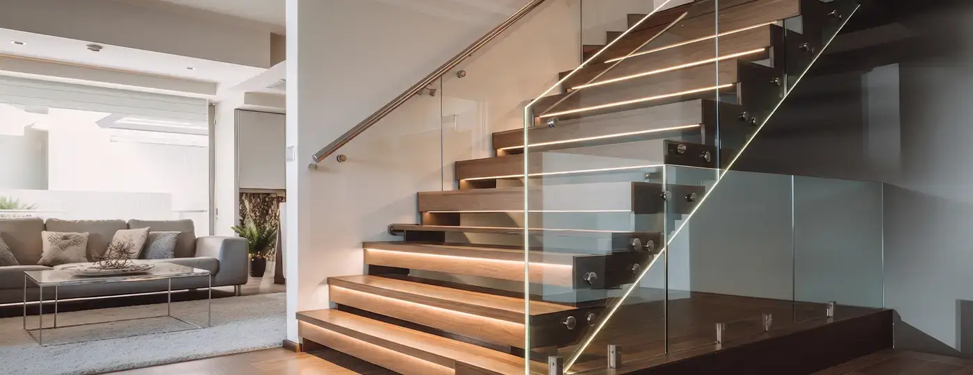 Beleuchtete Holztreppe mit Glasgeländer in einem modernen Wohnzimmer.