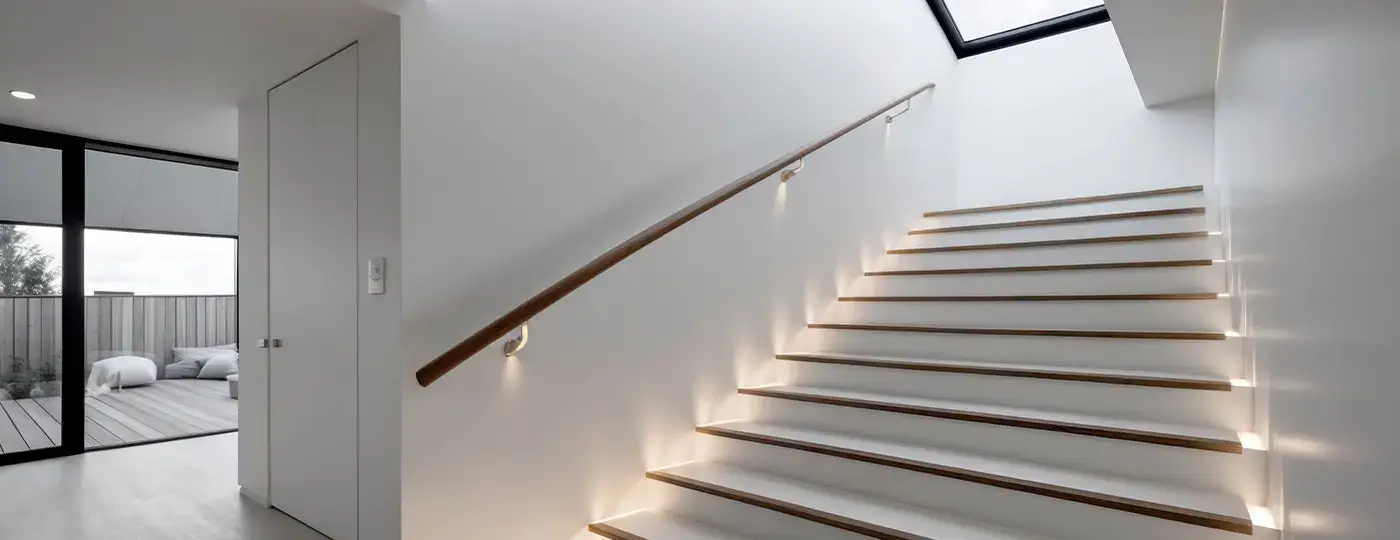 Moderne weiße Treppe mit Spot- und Linearbeleuchtung in einem hellen Innenraum.