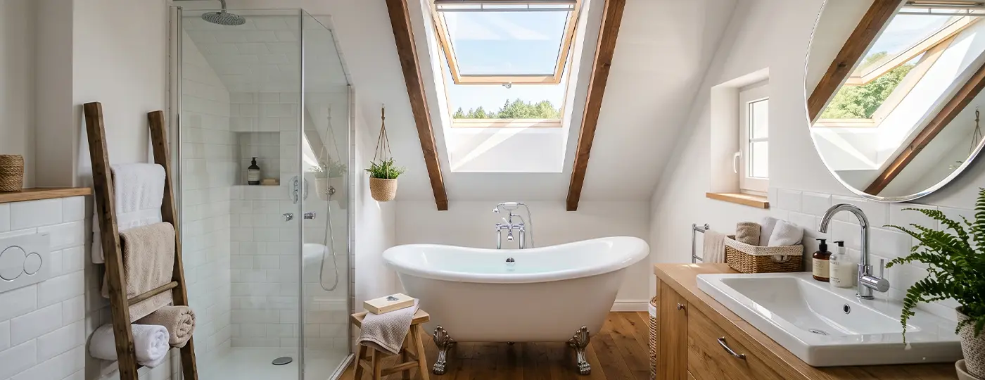 Helles, modernes Dachbad mit freistehender Badewanne, Duschkabine und Dachfenster.