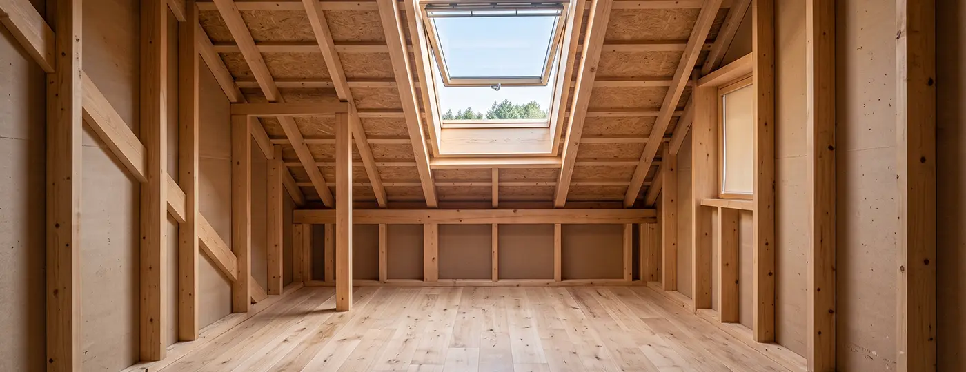 Dachgeschoss mit Holzständerkonstruktion, Dachfenster und fertiggestelltem Bodenbelag, vor den Endarbeiten.