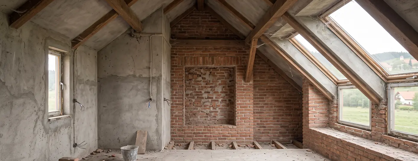 Unausgebautes Dachgeschoss vor der Renovierung mit freiliegenden Backsteinwänden, Dachfenstern und Dachbalken.