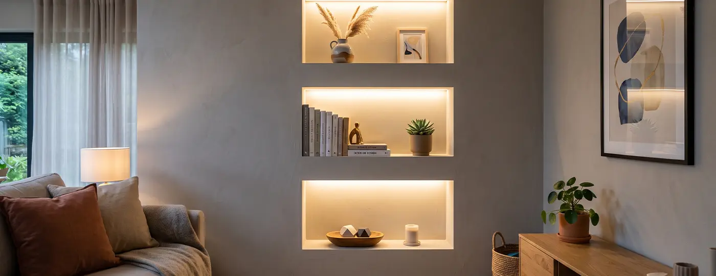 Ein helles, gemütliches Wohnzimmer mit einer Wand, die drei horizontale, LED-beleuchtete Dekornischen aufweist, in denen Bücher und Ziergegenstände präsentiert werden.
