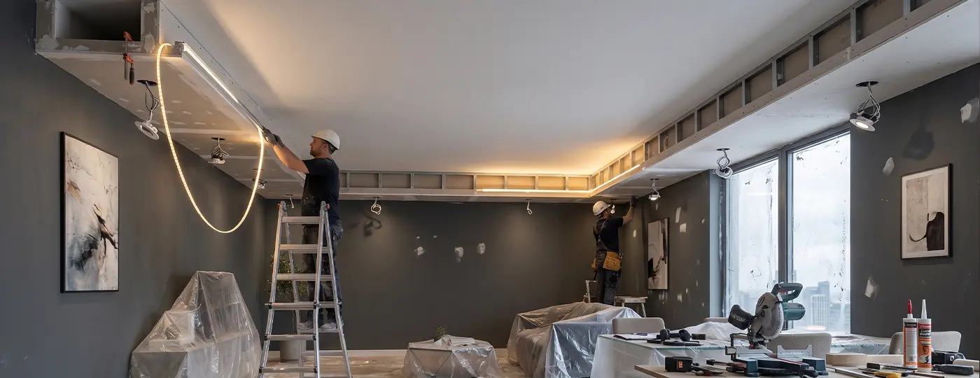 Bauarbeiter installieren während der Renovierung eines modernen Wohnzimmers einen LED-Streifen in einem Profil für eine abgehängte Decke.