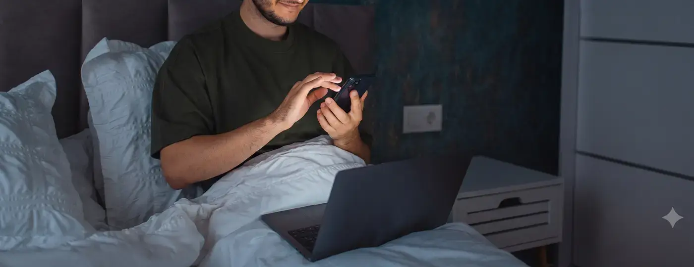 Ein Mann liegt mit einem Laptop im Bett und schaltet das Licht über eine Smartphone-App aus.