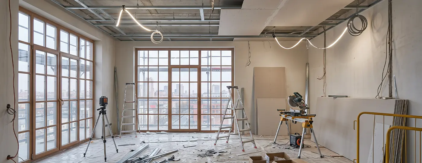 Geräumiger Innenraum während der Montage einer abgehängten Decke; zu sehen sind die Unterkonstruktion, Werkzeuge und große Fenster.