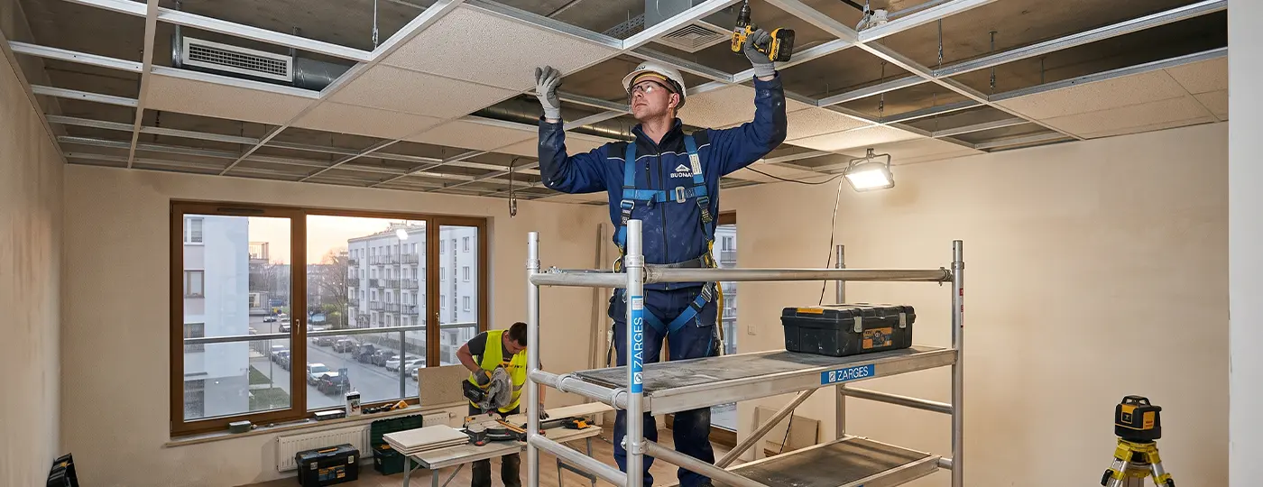 Bauarbeiter auf einem Gerüst bei der Montage von Deckenpaneelen für eine abgehängte Decke.