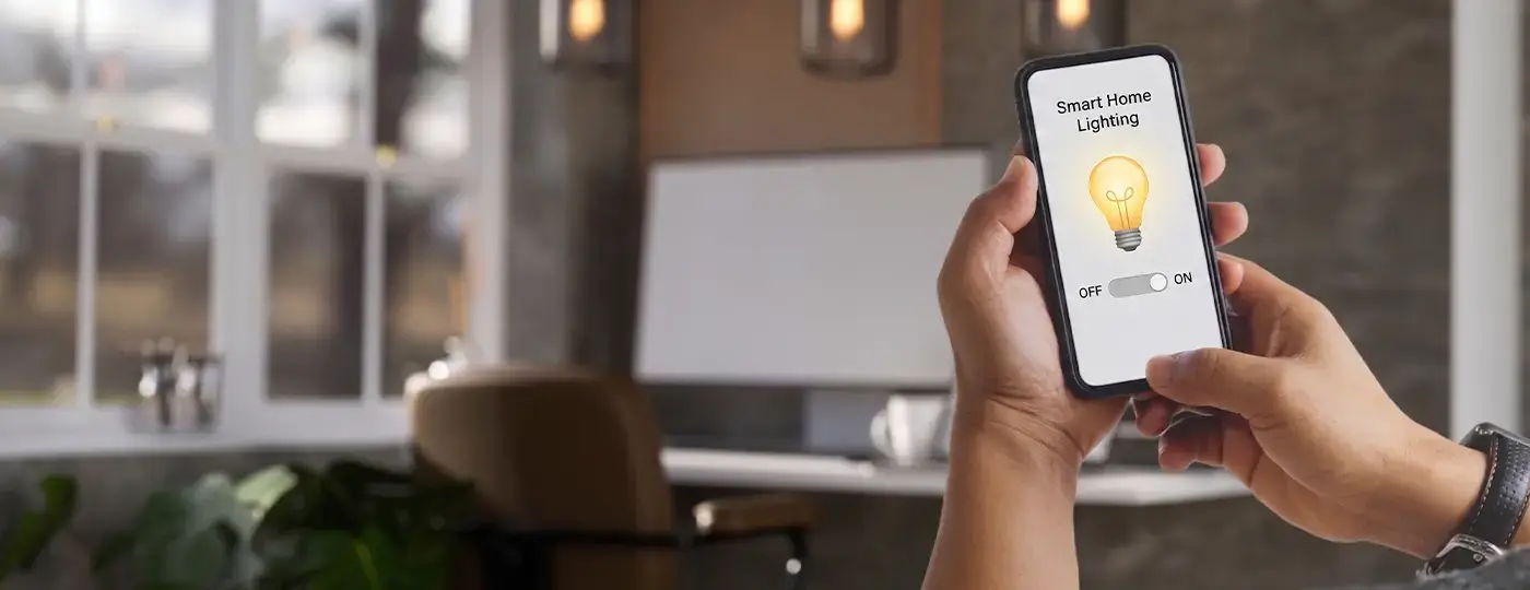 Hände halten ein Smartphone mit eingeschaltetem Licht in der Smart-Home-App, vor einem Büro-Hintergrund.