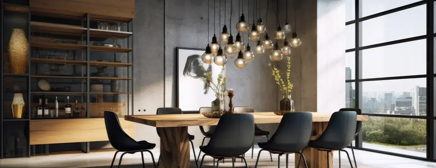 Ein modernes Esszimmer im Loft-Stil mit einem Holztisch und einer Hängeinstallation aus leuchtenden dekorativen Glühbirnen.
