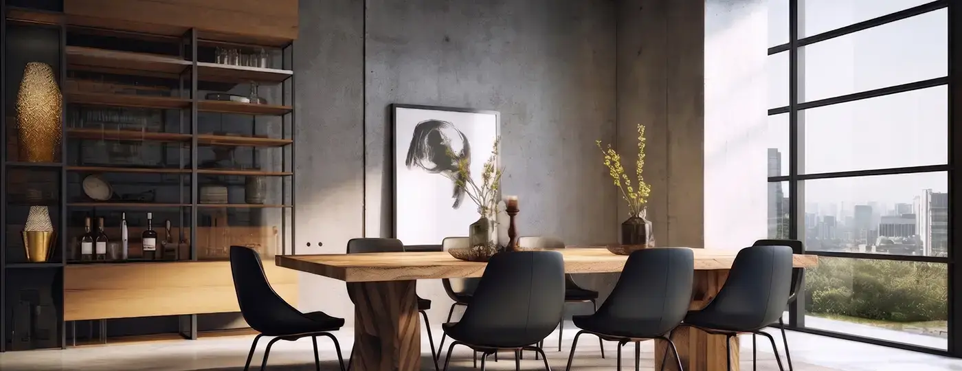 Ein modernes Esszimmer im Loft-Stil mit einem großen Holztisch, schwarzen Stühlen und einer Betonwand.