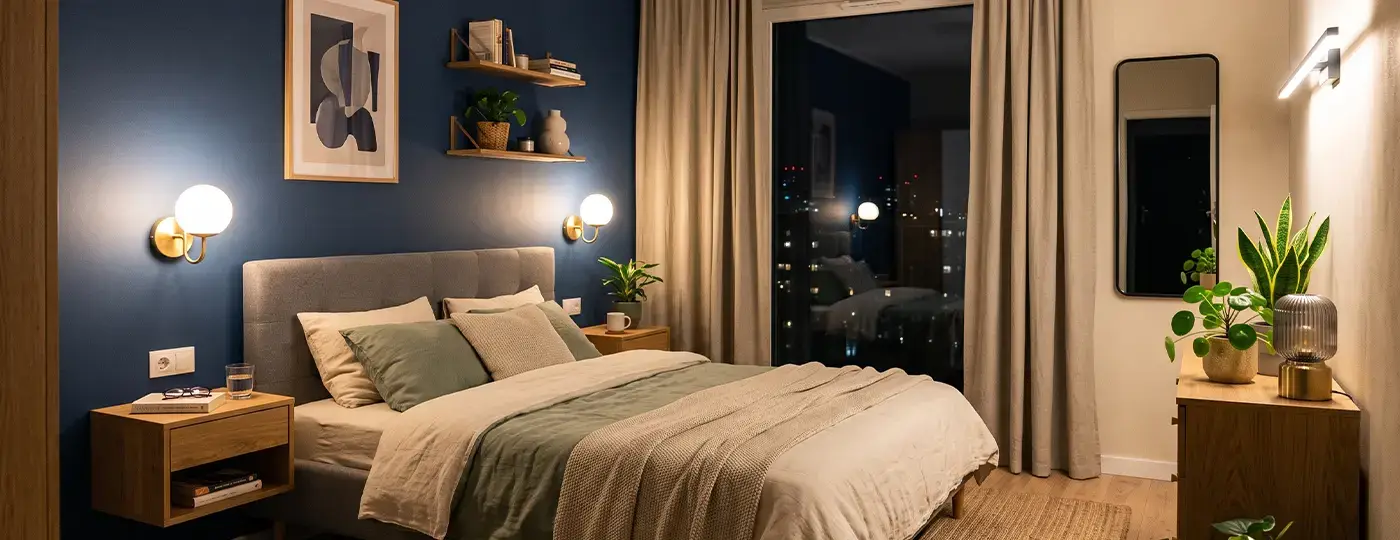Ein Schlafzimmer mit einer blauen Wand, einem grauen Bett und beleuchteten Wandleuchten.