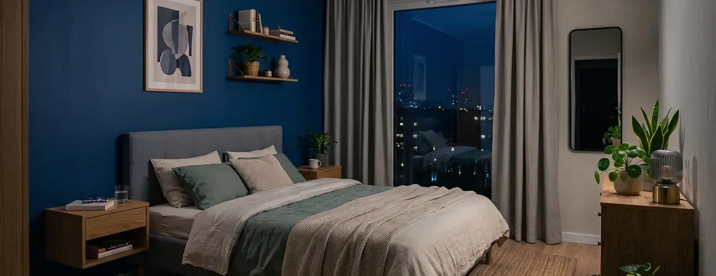 Ein gemütliches Schlafzimmer mit einer blauen Wand, einem grauen Bett und einem Fenster bei Nacht.