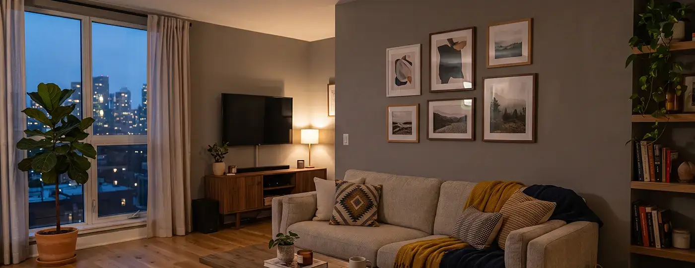 Ein gemütliches Wohnzimmer mit einem hellen Sofa, einer Bilderwand und Blick auf die Stadt bei Nacht.
