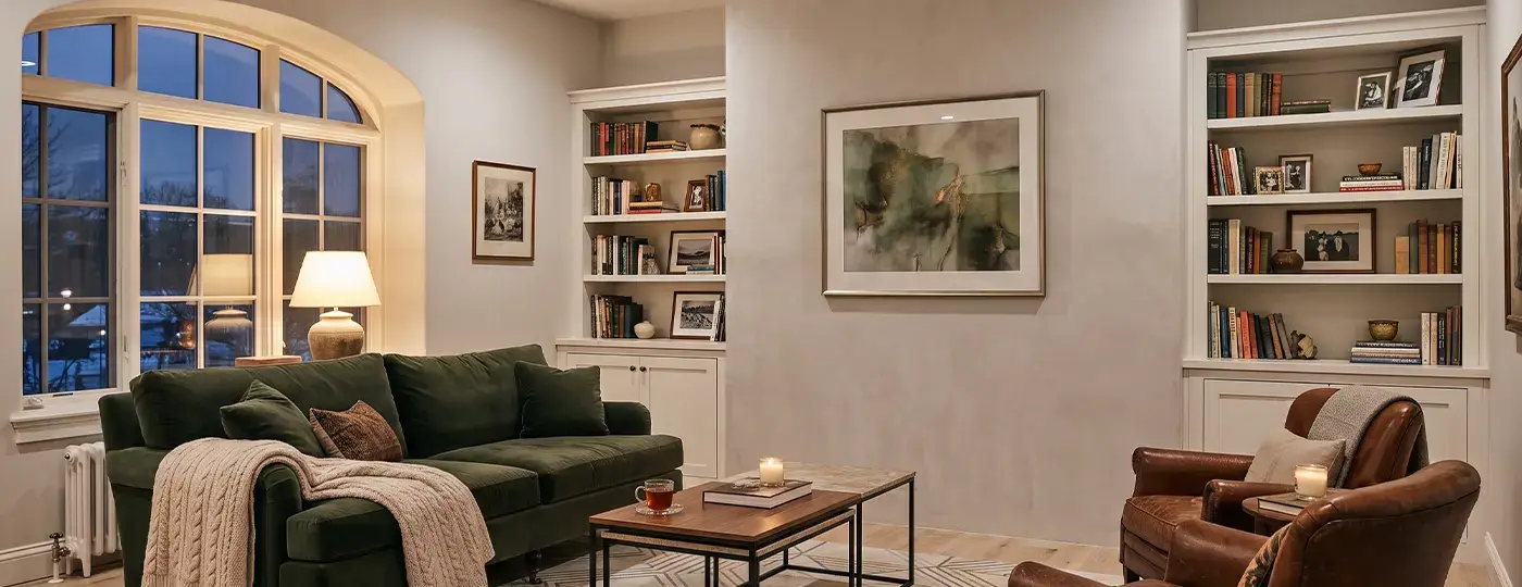 Gemütliches Wohnzimmer mit einem grünen Sofa und Bücherregalen.