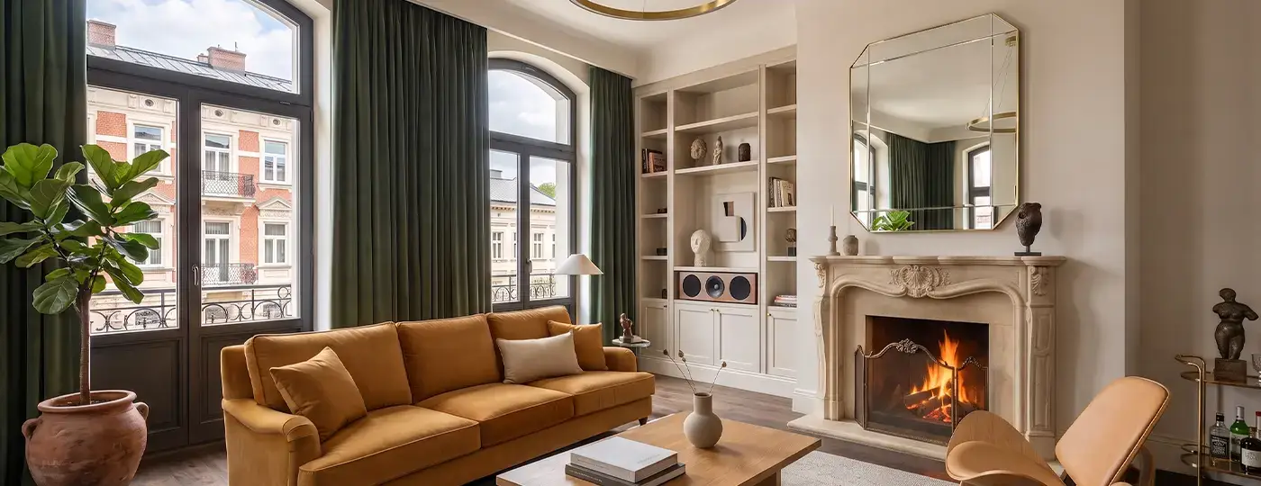 Ein luxuriöses Wohnzimmer mit Kamin, einem honigfarbenen Sofa und großen Fenstern.