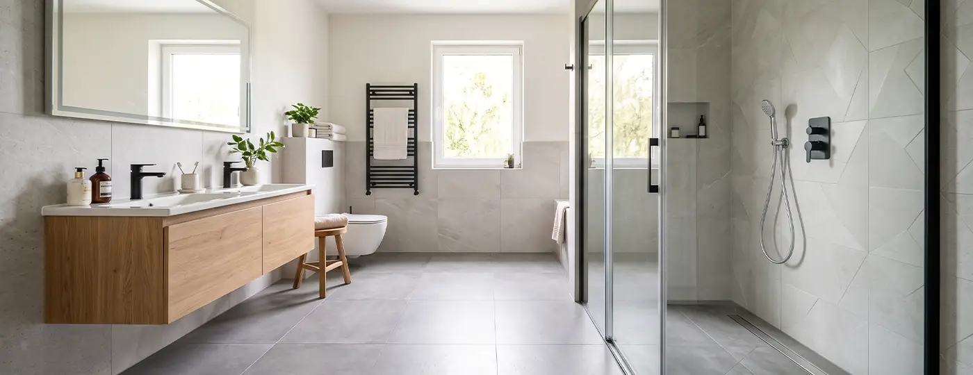 Ein geräumiges, helles Badezimmer mit einer bodengleichen Walk-in-Dusche samt Glastrennwand, einem wandhängenden Doppelwaschtisch aus Holz, schwarzen Armaturen und grauen Fliesen.