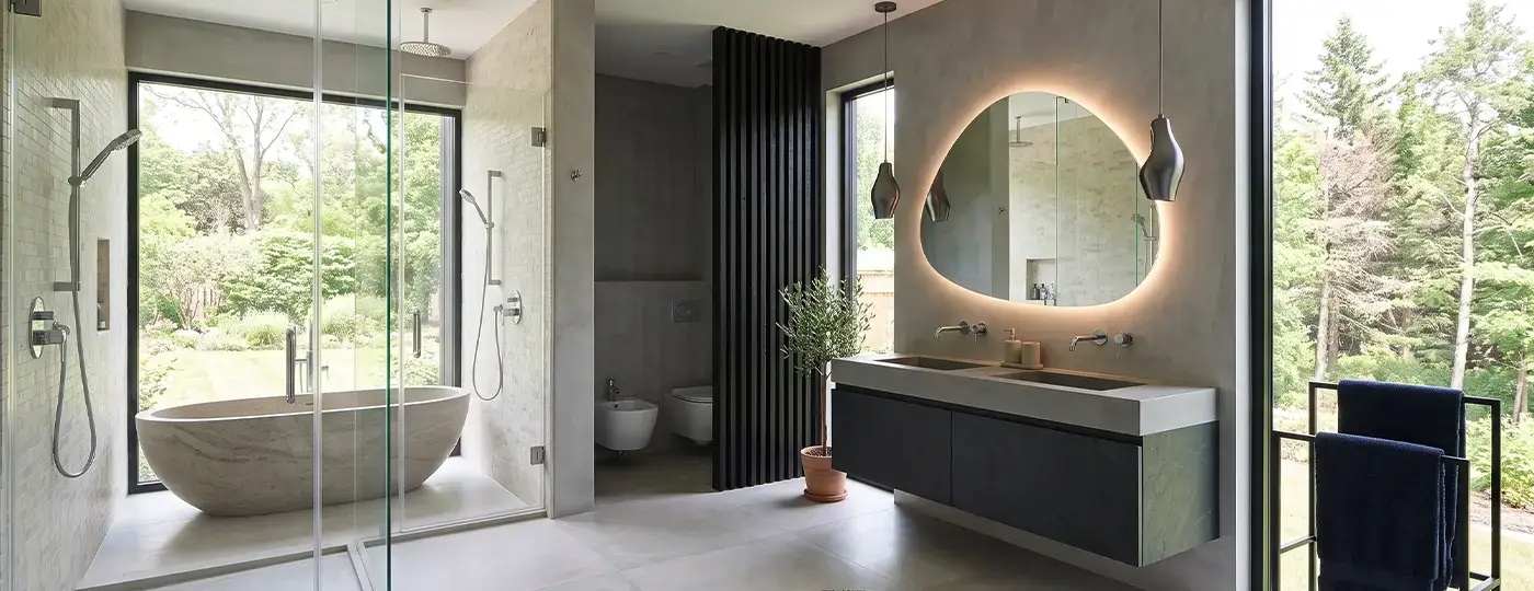Ein luxuriöses, geräumiges Badezimmer mit einer freistehenden Steinbadewanne hinter einer Glastrennwand, einem dunklen Waschtisch, einem unregelmäßig geformten, beleuchteten Spiegel und einer schwarzen Lamellenwand.
